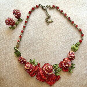 Red Crystal Rose Statement Necklace Set "BW" Designer Floral
